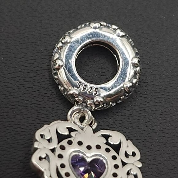 Purple Heart-Shaped Cubic Zirconia in Vintage-Style‎ Silver Charm (NWOT) - Picture 3 of 4